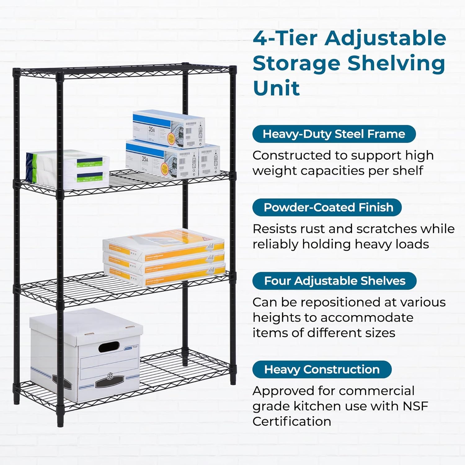 image:imageHoneyCanDo 3Tier Heavy Duty Adjustable Shelving Unit 250lb Per Shelf Metal Storage Rack NSF Certified Wire Shelf for Kitchen Garage Pantry Black 24 x 14 x 30 inBlack
