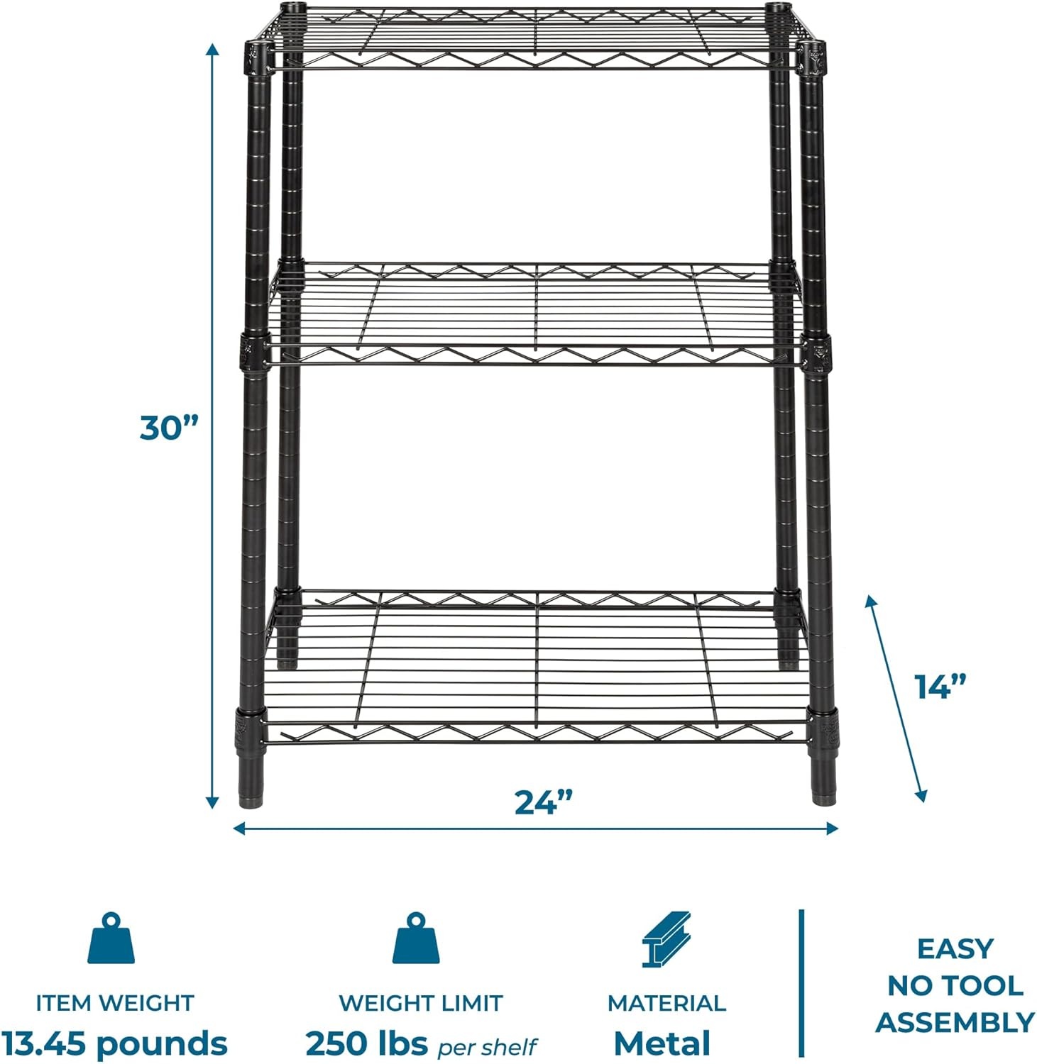 image:imageHoneyCanDo 3Tier Heavy Duty Adjustable Shelving Unit 250lb Per Shelf Metal Storage Rack NSF Certified Wire Shelf for Kitchen Garage Pantry Black 24 x 14 x 30 inBlack
