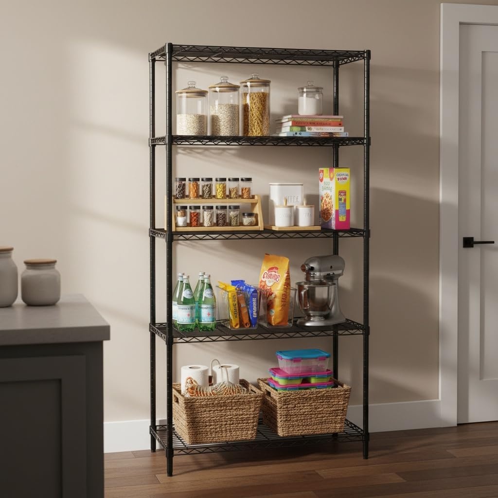 image:imageHoneyCanDo 4Tier Heavy Duty Adjustable Shelving Unit 250lb Per Shelf Metal Storage Rack Wire Shelf for Garage Kitchen Office Pantry Black 36 x 14 x 54 inBlack