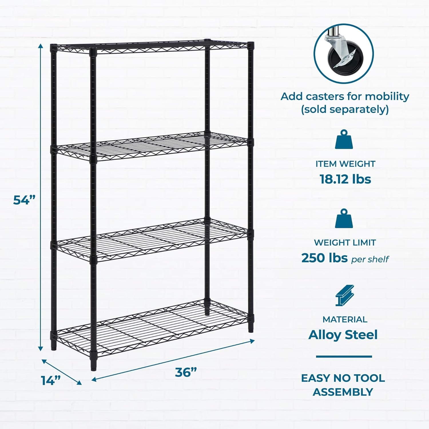 image:imageHoneyCanDo 4Tier Heavy Duty Adjustable Shelving Unit 250lb Per Shelf Metal Storage Rack Wire Shelf for Garage Kitchen Office Pantry Black 36 x 14 x 54 inBlack