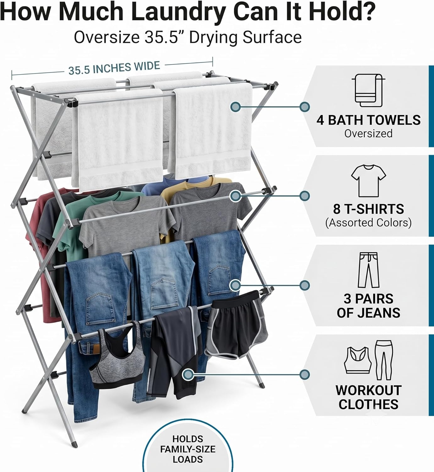 image:imageHoneyCanDo Oversize FamilySize Laundry Drying Rack 355 ExtraWide 22 Wider Than Standard 50lb Capacity Sturdy Steel Foldable Clothes Rack Silver355 W