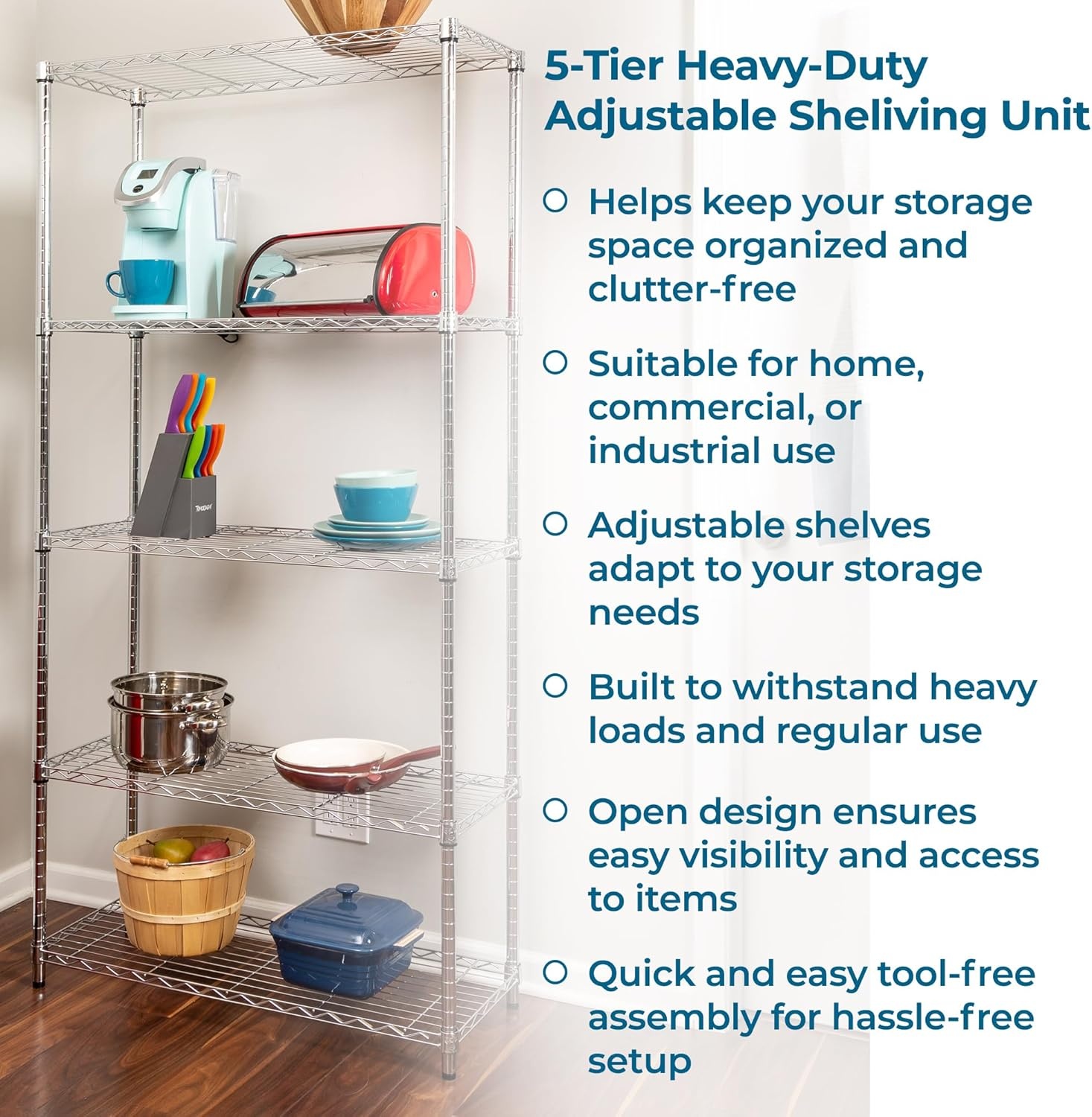image:imageHoneyCanDo 5Tier Heavy Duty Adjustable Shelving Unit 200lb Per Shelf NSF Certified Metal Storage Rack Chrome Wire Shelf for Garage Kitchen Pantry 36 x 14 x 72 in