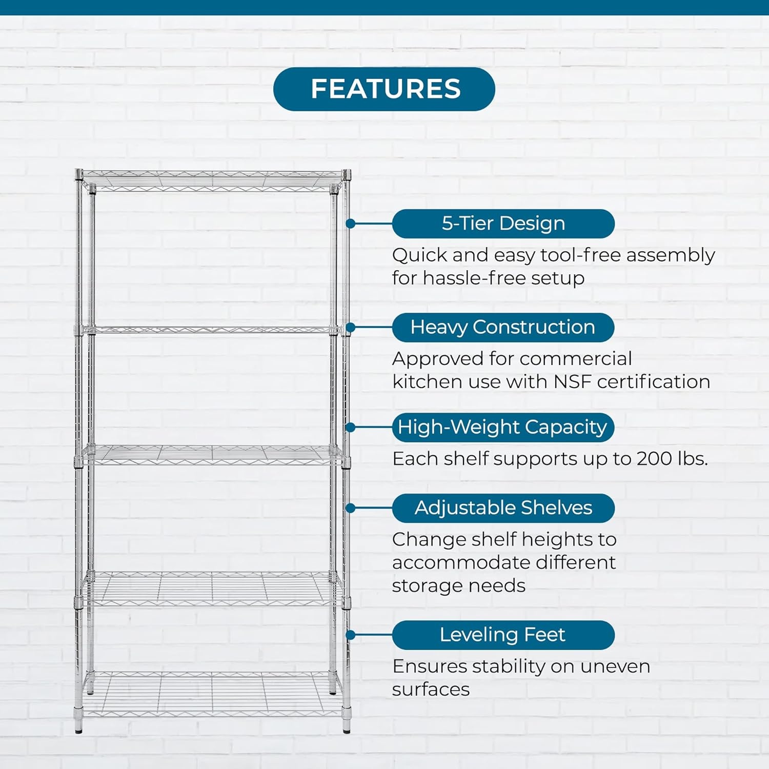 image:imageHoneyCanDo 5Tier Heavy Duty Adjustable Shelving Unit 200lb Per Shelf NSF Certified Metal Storage Rack Chrome Wire Shelf for Garage Kitchen Pantry 36 x 14 x 72 in