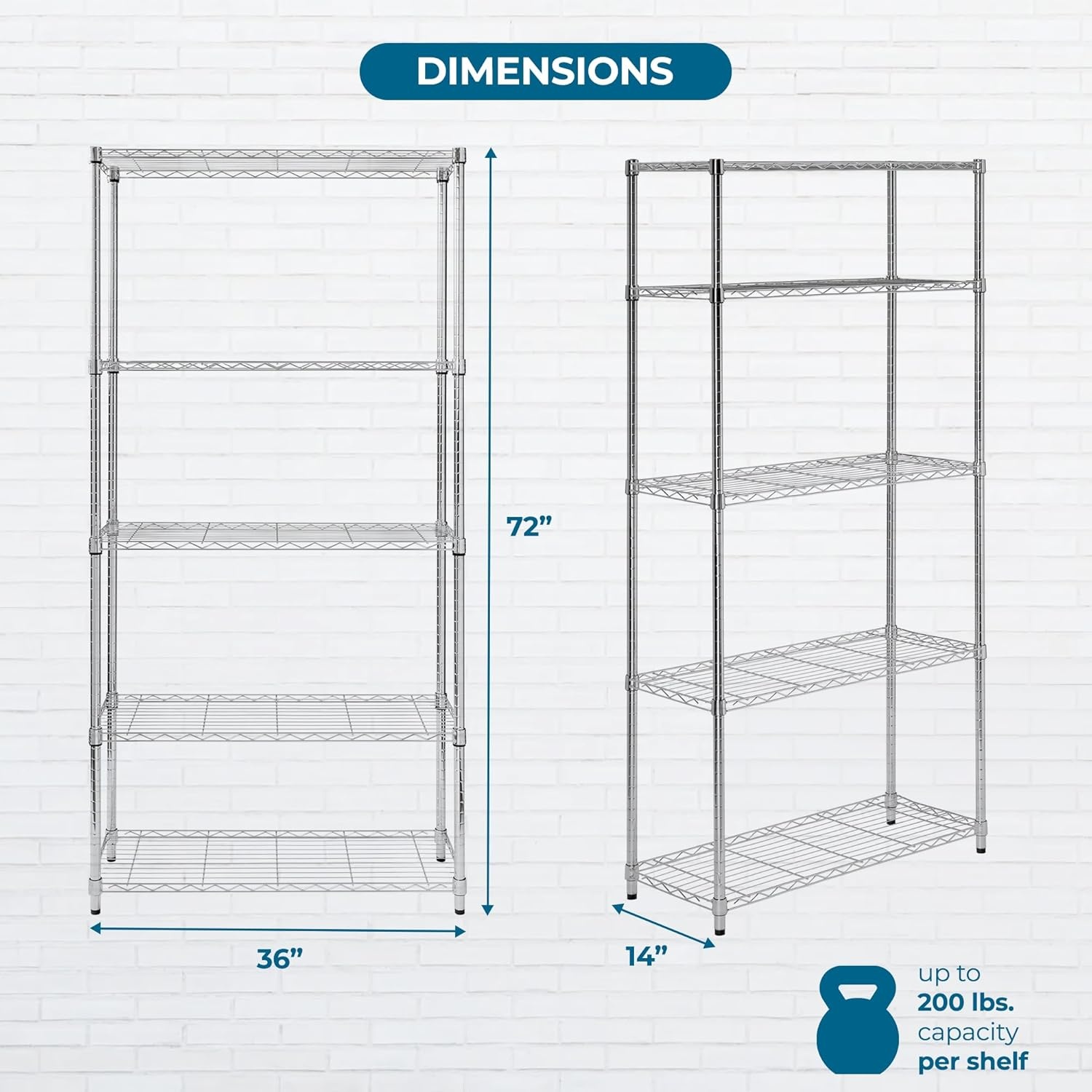 image:imageHoneyCanDo 5Tier Heavy Duty Adjustable Shelving Unit 200lb Per Shelf NSF Certified Metal Storage Rack Chrome Wire Shelf for Garage Kitchen Pantry 36 x 14 x 72 in