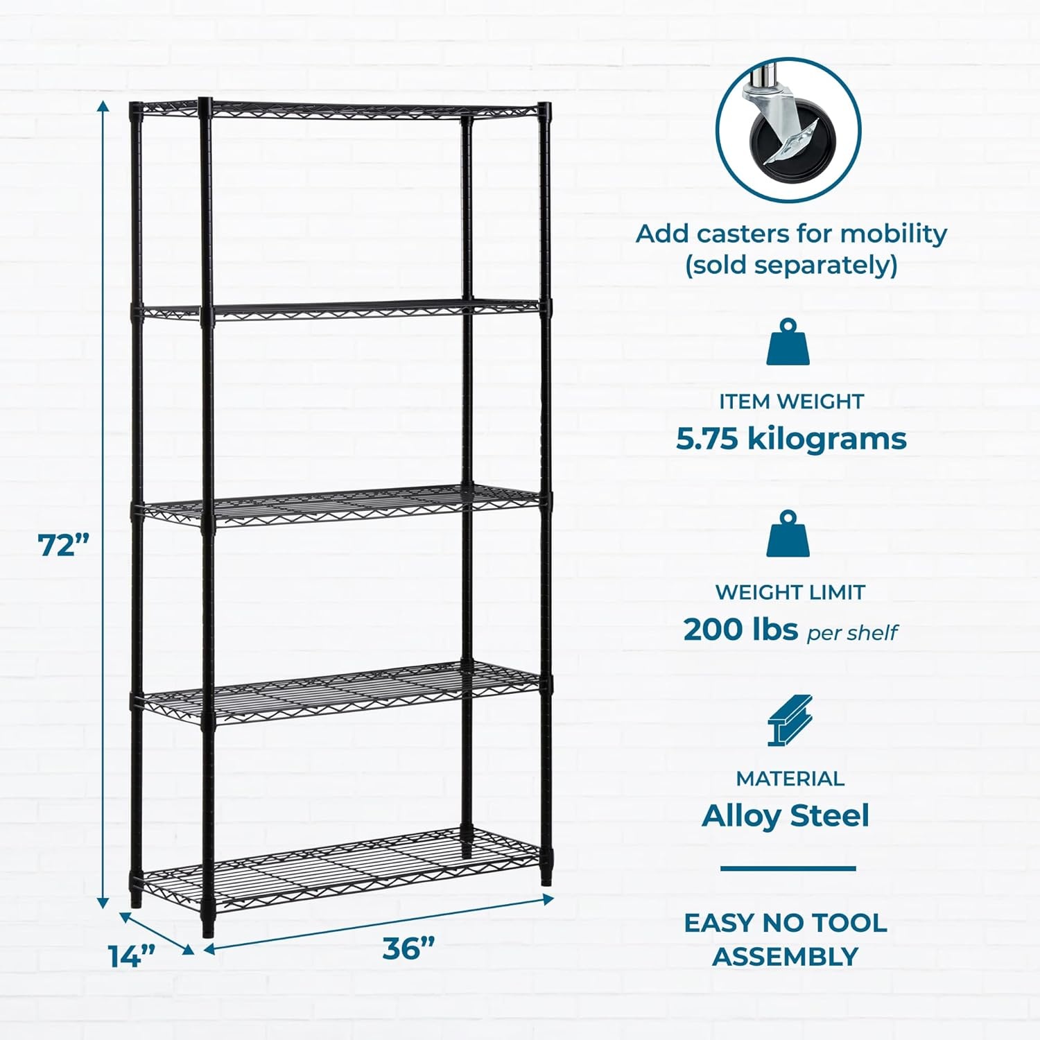 image:imageHoneyCanDo 5Tier HeavyDuty Adjustable Shelves Metal Storage Rack with 200lb Shelf Capacity Black 14 W x 36 L x 72 H