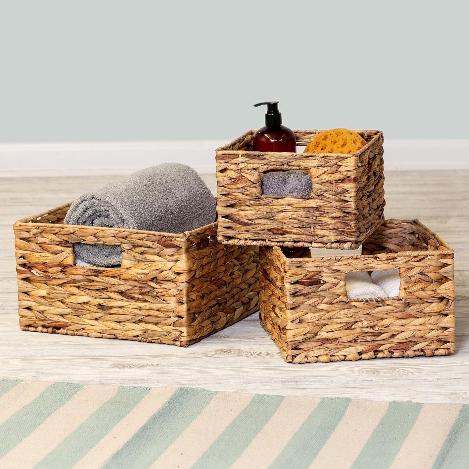 image:imageHoneyCanDo Banana Leaf Storage Baskets Water Hyacinth Woven Basket Decorative Baskets for Shelves Basket for Gifts Closet Pantry and Home Organization Set of 3 MultiSize9 L x 9 W x 6 H