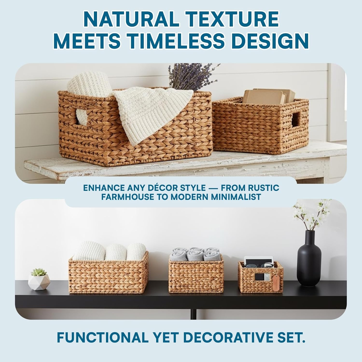 image:imageHoneyCanDo Banana Leaf Storage Baskets Water Hyacinth Woven Basket Decorative Baskets for Shelves Basket for Gifts Closet Pantry and Home Organization Set of 3 MultiSize9 L x 9 W x 6 H