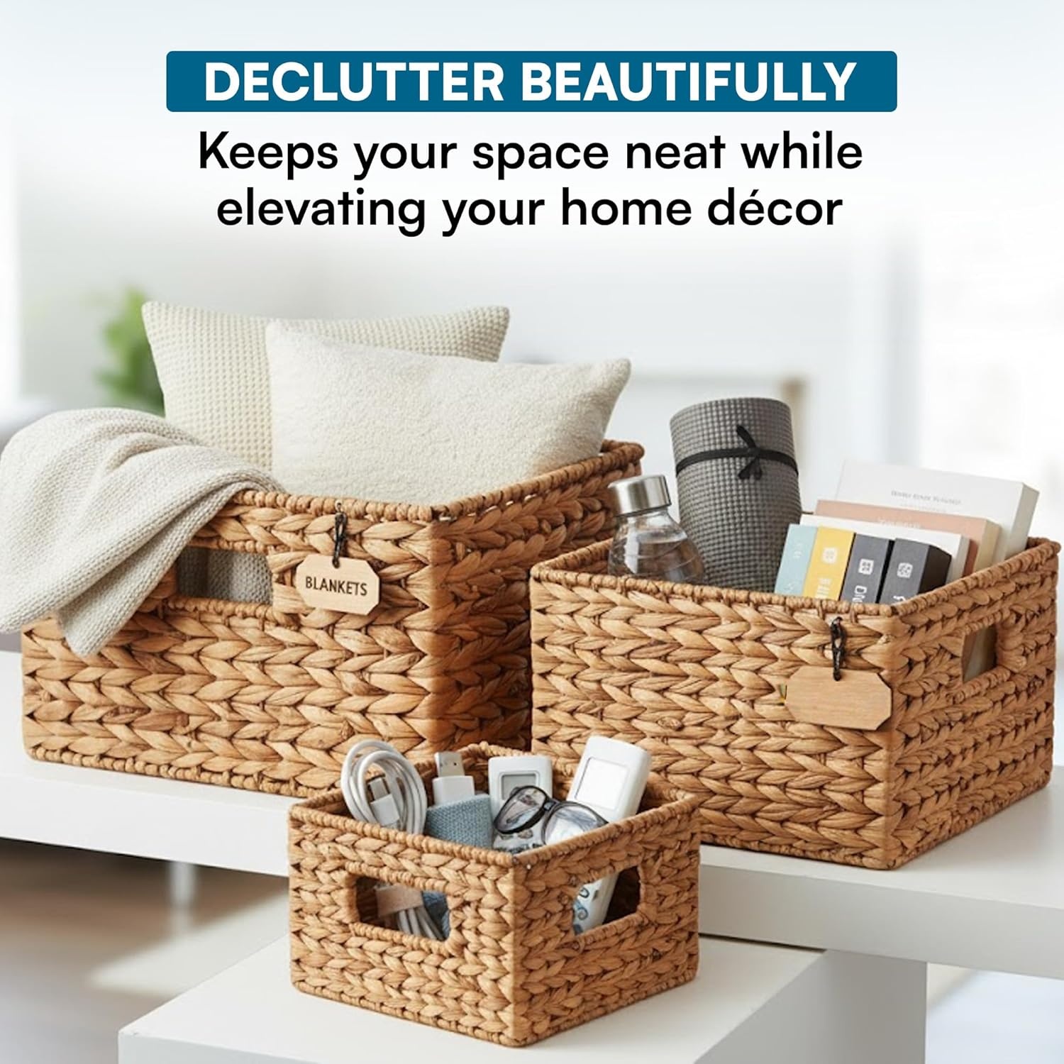 image:imageHoneyCanDo Banana Leaf Storage Baskets Water Hyacinth Woven Basket Decorative Baskets for Shelves Basket for Gifts Closet Pantry and Home Organization Set of 3 MultiSize9 L x 9 W x 6 H