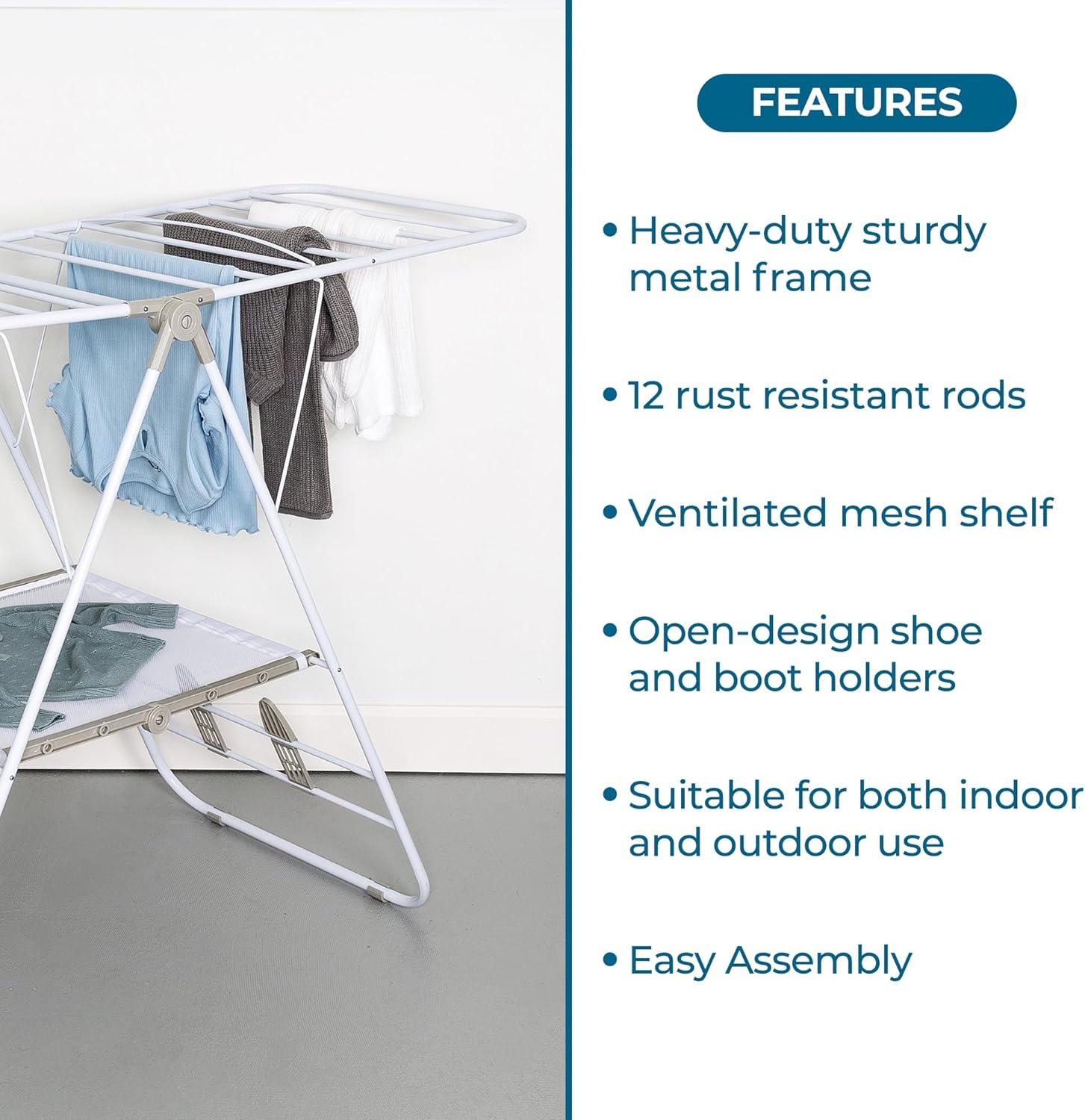 image:imageHoneyCanDo HeavyDuty Foldable Laundry Drying Rack Portable Shoes amp Clothes Rack for Indoor amp Outdoor Use SpaceSaving Design Easy to Fold Gullwing Design Sturdy Metal 50lb Capacity White