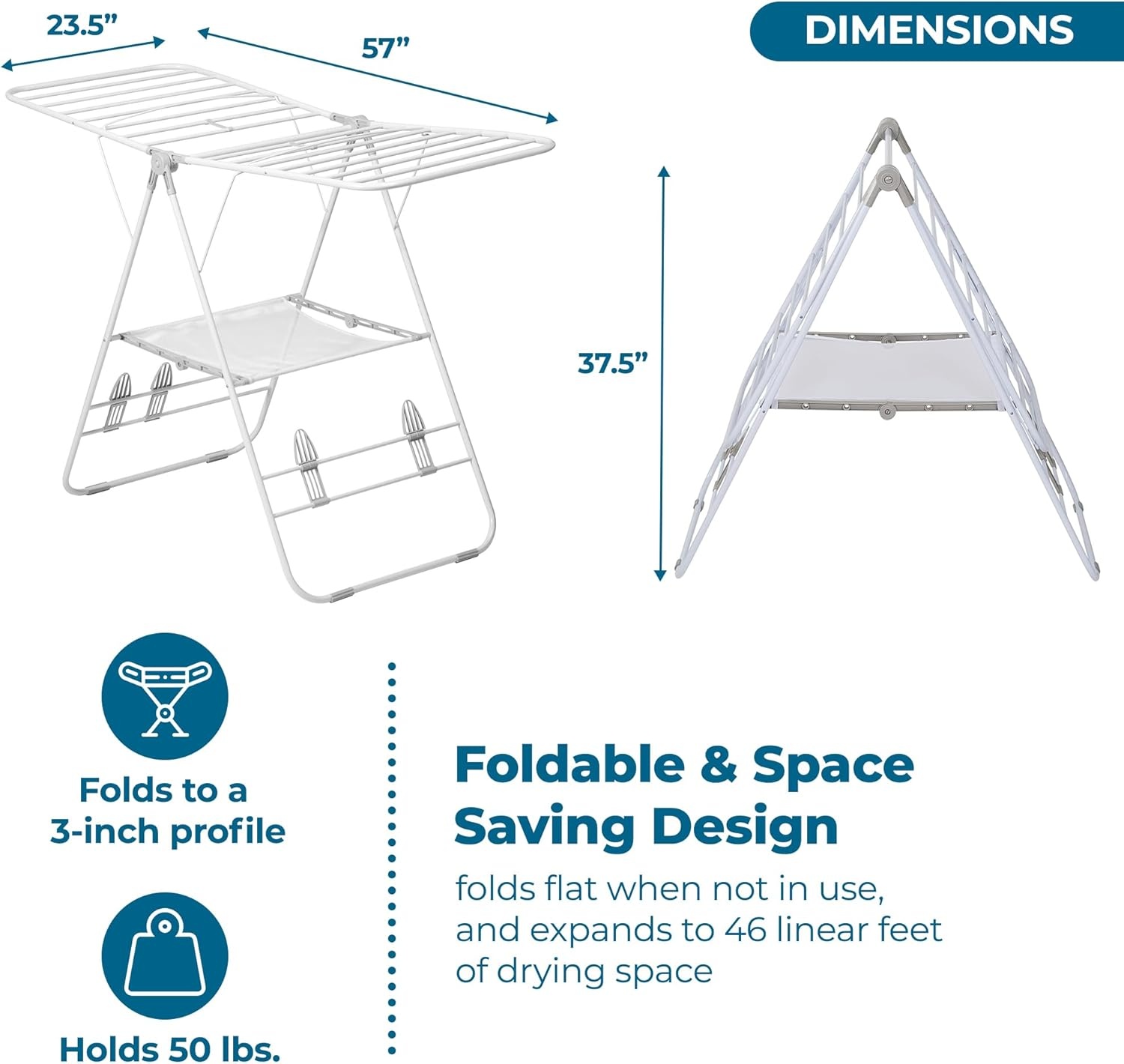 image:imageHoneyCanDo HeavyDuty Foldable Laundry Drying Rack Portable Shoes amp Clothes Rack for Indoor amp Outdoor Use SpaceSaving Design Easy to Fold Gullwing Design Sturdy Metal 50lb Capacity White