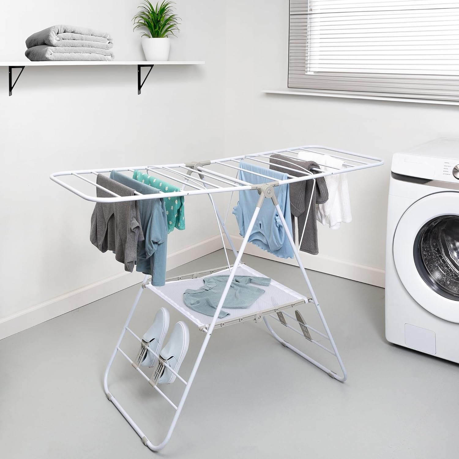 image:imageHoneyCanDo HeavyDuty Foldable Laundry Drying Rack Portable Shoes amp Clothes Rack for Indoor amp Outdoor Use SpaceSaving Design Easy to Fold Gullwing Design Sturdy Metal 50lb Capacity White