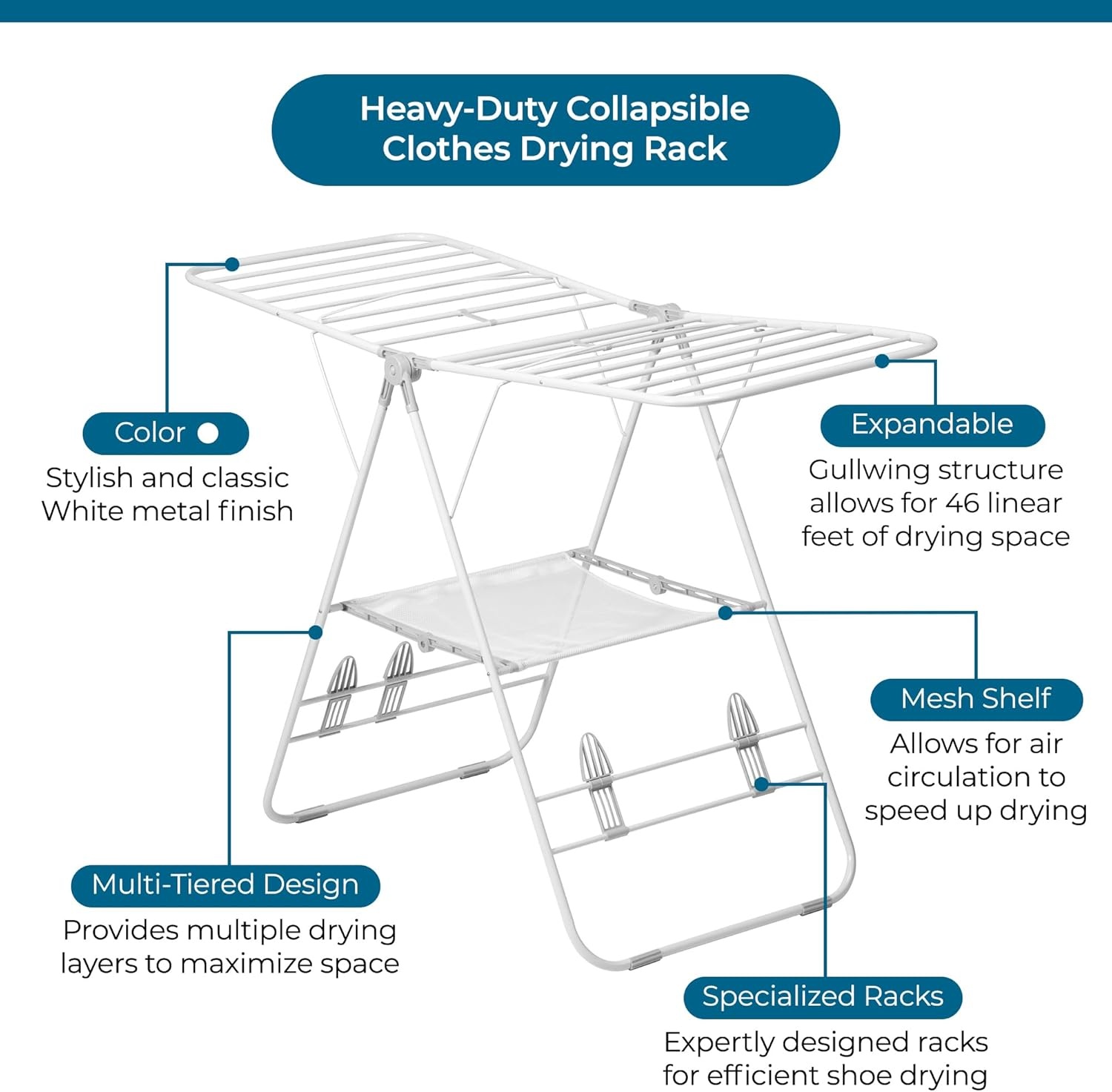 image:imageHoneyCanDo HeavyDuty Foldable Laundry Drying Rack Portable Shoes amp Clothes Rack for Indoor amp Outdoor Use SpaceSaving Design Easy to Fold Gullwing Design Sturdy Metal 50lb Capacity White