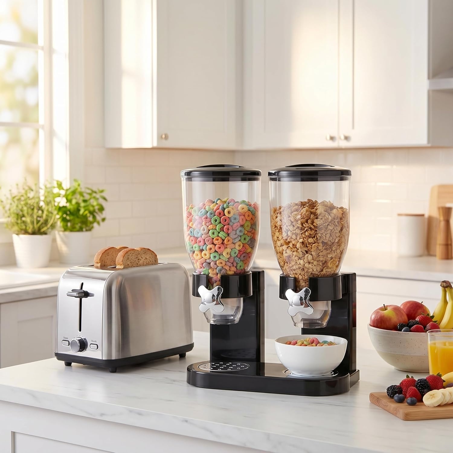 image:imageHoneyCanDo Zevro Dual Dry Food Dispenser Countertop Cereal Dispenser with Portion Control 175 oz Per Canister Airtight BPAFree Snack Dispenser for Kitchen Organization BlackChrome