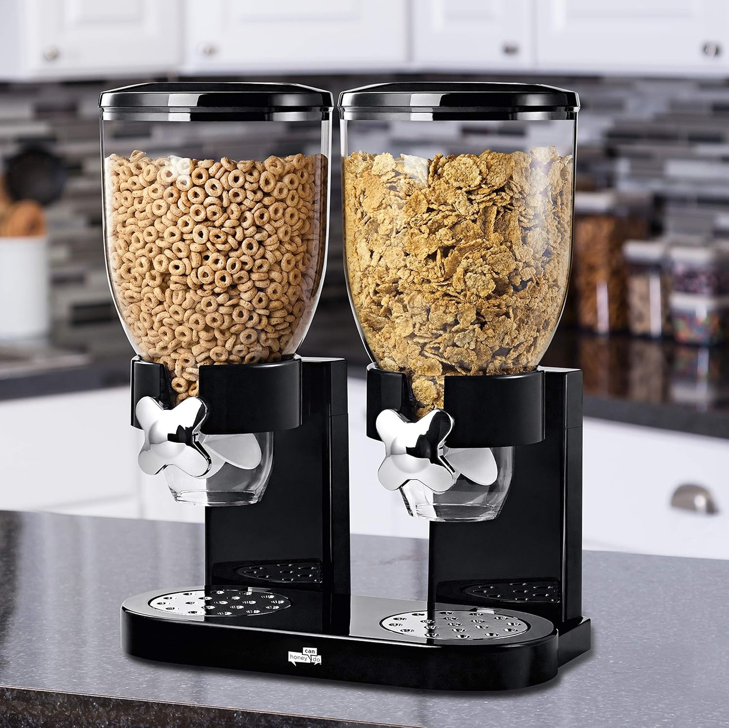 image:imageHoneyCanDo Zevro Dual Dry Food Dispenser Countertop Cereal Dispenser with Portion Control 175 oz Per Canister Airtight BPAFree Snack Dispenser for Kitchen Organization BlackChrome