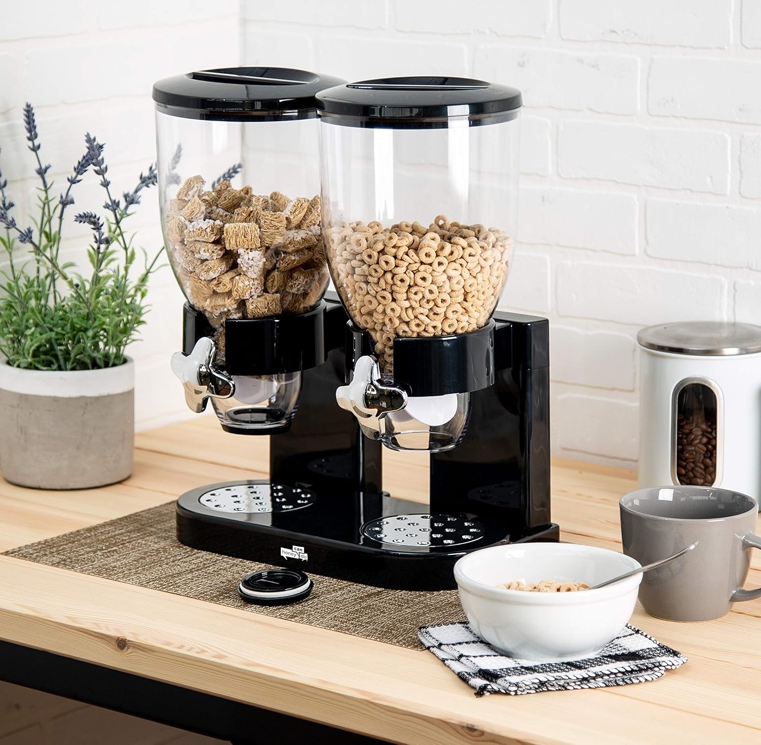 image:imageHoneyCanDo Zevro Dual Dry Food Dispenser Countertop Cereal Dispenser with Portion Control 175 oz Per Canister Airtight BPAFree Snack Dispenser for Kitchen Organization BlackChrome