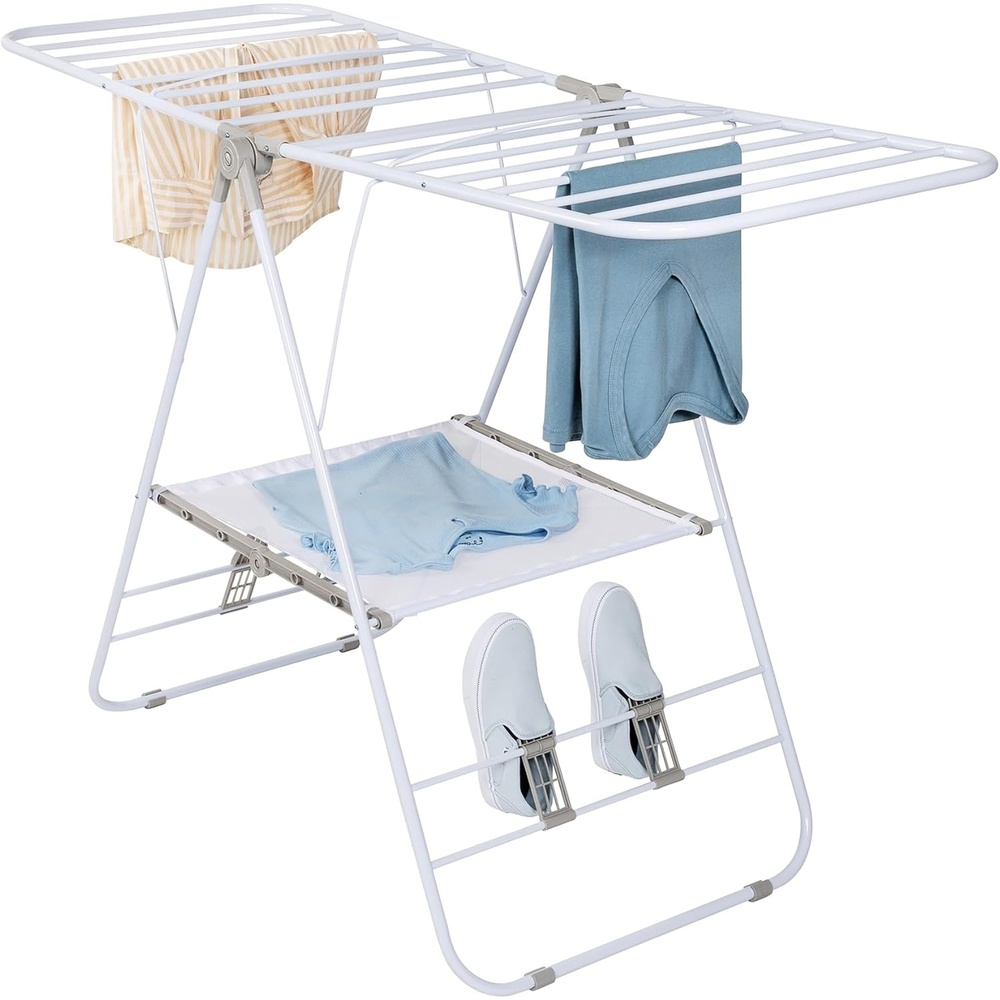 image:imageHoneyCanDo HeavyDuty Foldable Laundry Drying Rack Portable Shoes amp Clothes Rack for Indoor amp Outdoor Use SpaceSaving Design Easy to Fold Gullwing Design Sturdy Metal 50lb Capacity White