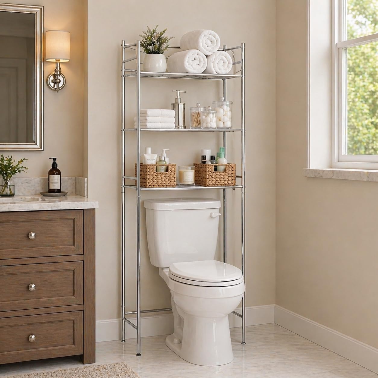 image:imageHoneyCanDo 3Tier Metal Bathroom Shelf Space Saver Over The Toilet Storage Rack Organizer Adjustable Chrome Wire Shelving Unit for Towels amp Toiletries 95 x 23 x 60 in3Tier Bathroom Tower Shelf
