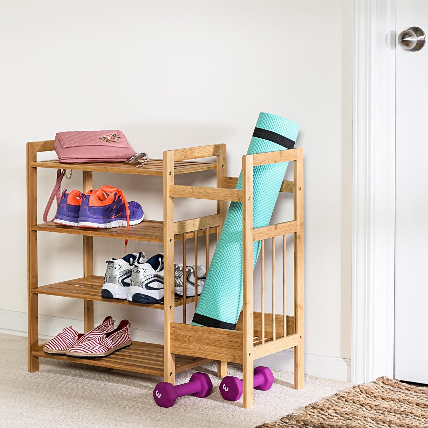 image:imageHoneyCanDo Bamboo Entryway Organizer with 5 Coat Hooks and 3Tier Shoe Rack MultiPurpose Hall Tree for Entryway amp Mudroom Natural Bamboo Storage Shelf for Bags Hats and Umbrellas