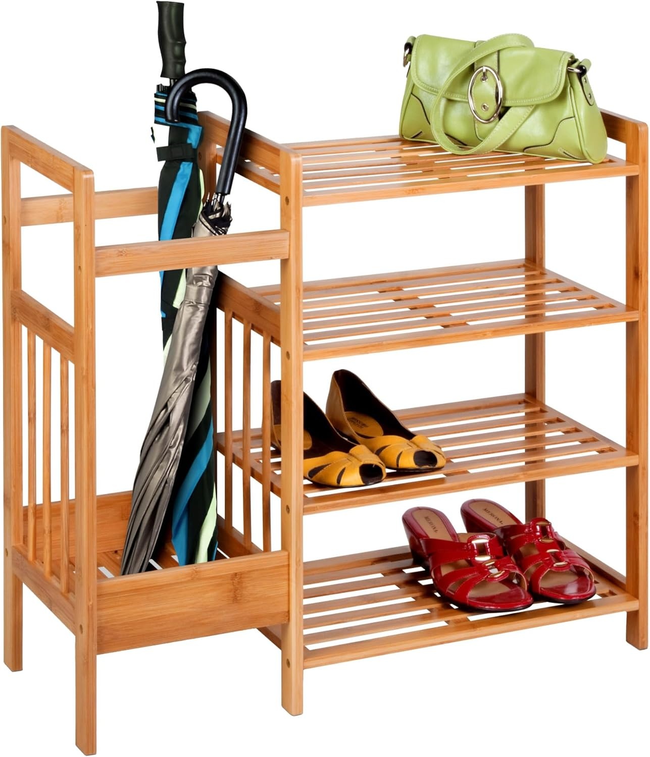 image:imageHoneyCanDo Bamboo Entryway Organizer with 5 Coat Hooks and 3Tier Shoe Rack MultiPurpose Hall Tree for Entryway amp Mudroom Natural Bamboo Storage Shelf for Bags Hats and Umbrellas