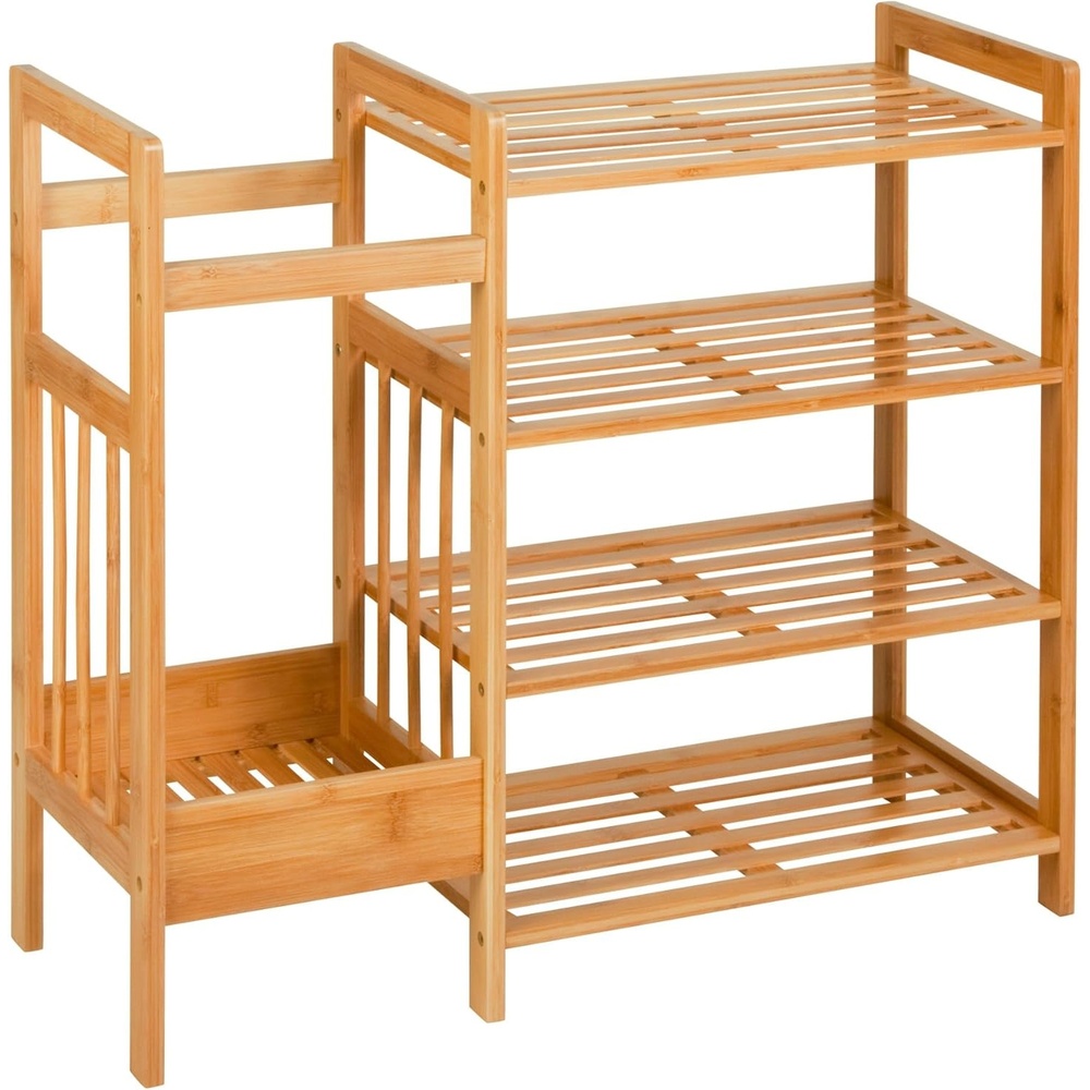 image:imageHoneyCanDo Bamboo Entryway Organizer with 5 Coat Hooks and 3Tier Shoe Rack MultiPurpose Hall Tree for Entryway amp Mudroom Natural Bamboo Storage Shelf for Bags Hats and Umbrellas